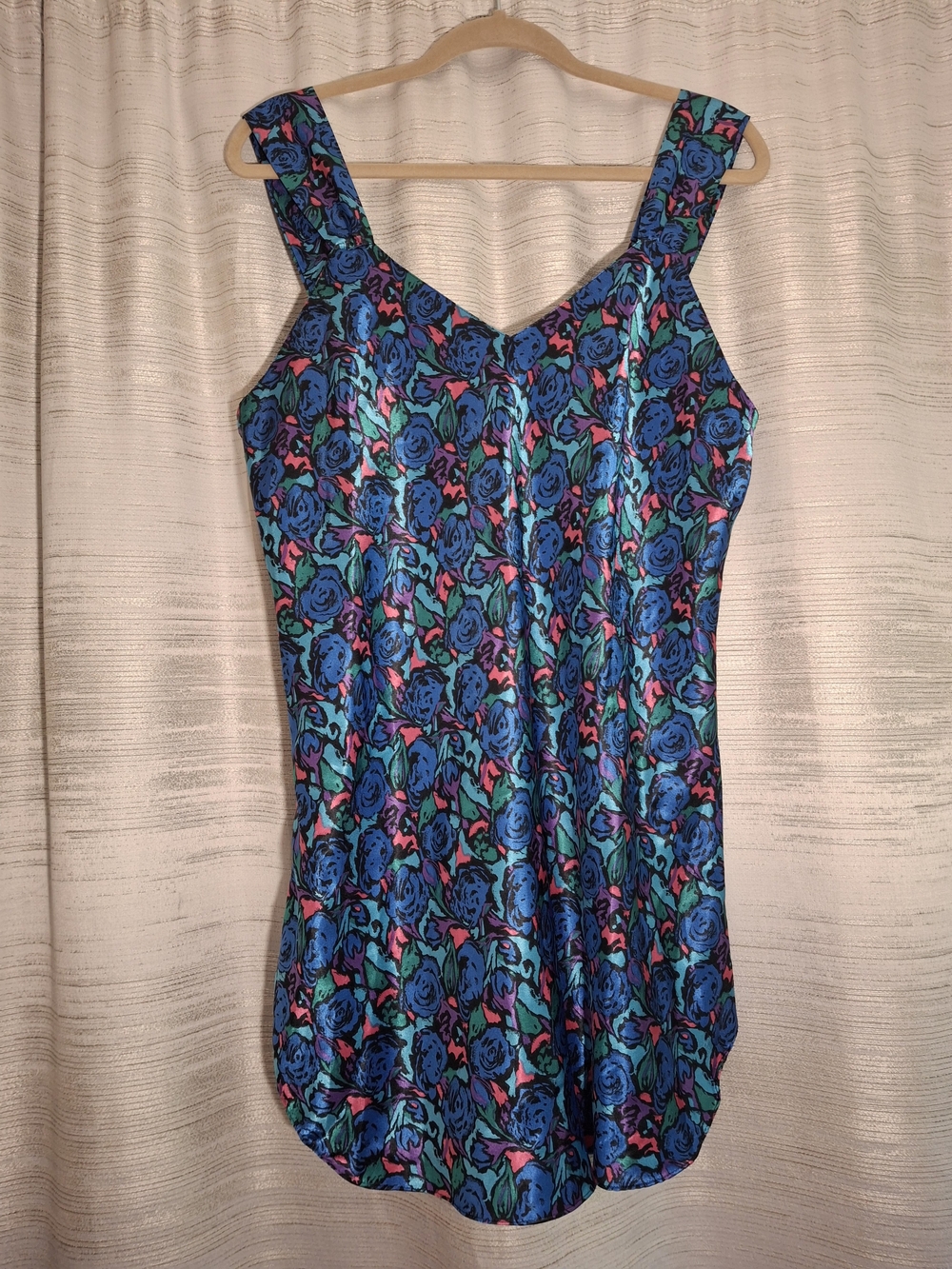 Erika Taylor Floral Satin Chemise Slip in Blue Large